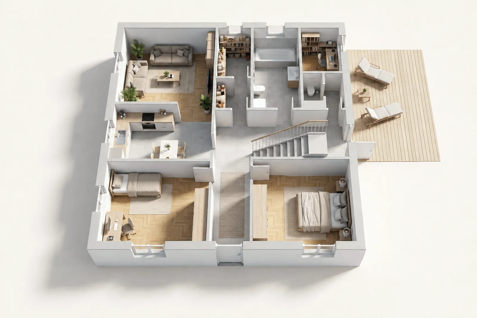 3D-Grundriss eines Einfamilienhauses, Erdgeschoss, von schräg oben